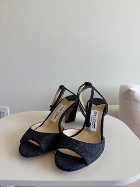Jimmy Choo Black Denim T-Strap Open-Toe Block Heel Sandals
